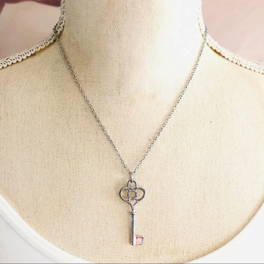Skeleton key silver plated pendant on chain necklace